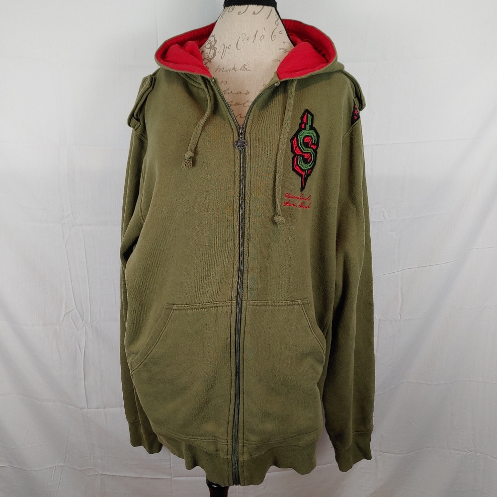 Vintage SHMACK Army Green Zip Up Hoodie Jacket Back Patch Size XL